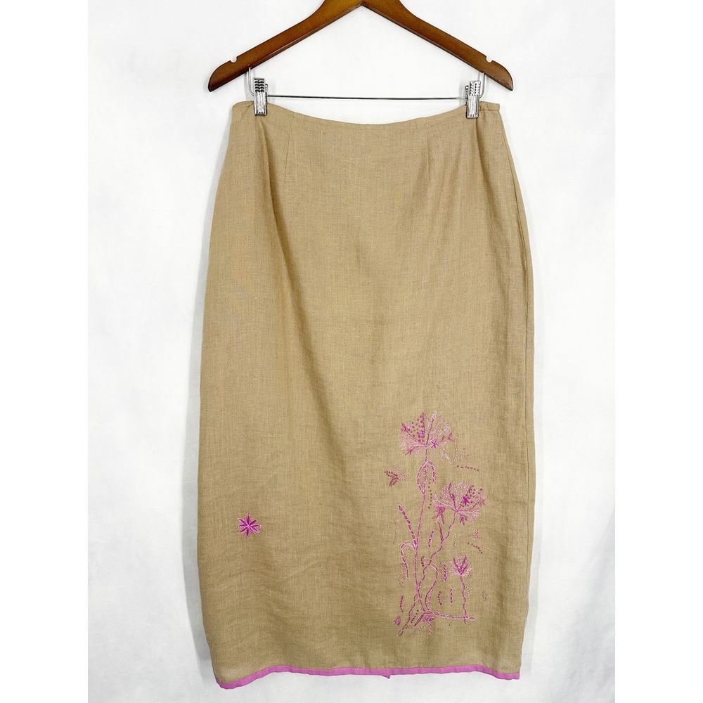 Ivy Indie Tan Linen Purple‎ Floral Embroidered Maxi Pencil Skirt Womens Size 12